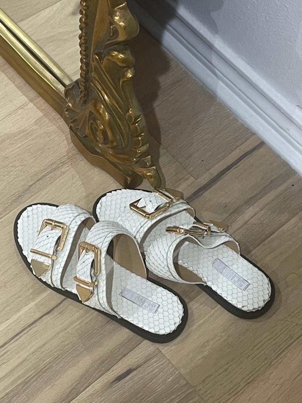 SCHUTZ White Textured Slide Sandals with Gold Buckles